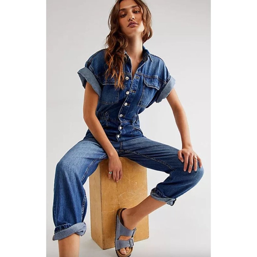 Free People Denim Marci Coveralls Jumpsuit Size XL